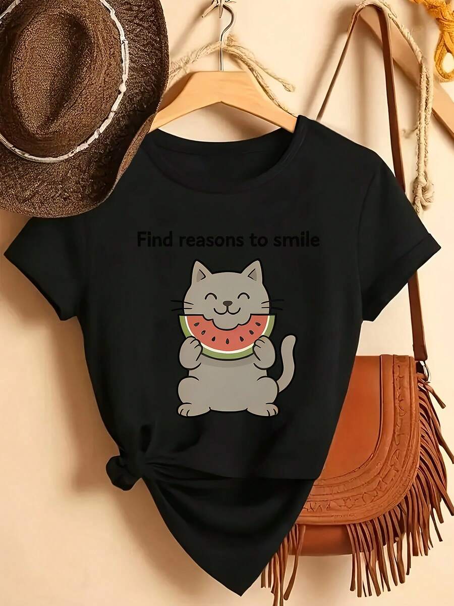 1 Piece Of Casual Short-Sleeved T-Shirt With A Round Neck, Printed With A Cute Kitten And Watermelon Design, Made Of Polyester Fiber, Machine Washable, Suitable For Daily Wear, 100% Cotton. Women's Warm Clothing - 黑色 - 查看 1