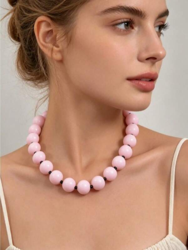 1pc Delicate Pink Beaded Necklace, Minimalist Contrasting Color Choker Necklace, Versatile Daily Wear Jewelry