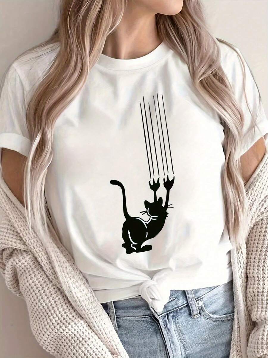 Camiseta Casual de Cuello Redondo para Mujer con Estampado de Gato, 100% Tela, Transpirable y Cómoda, Largo Regular, para Uso en Todas las Temporadas - Blanco - Ver 1