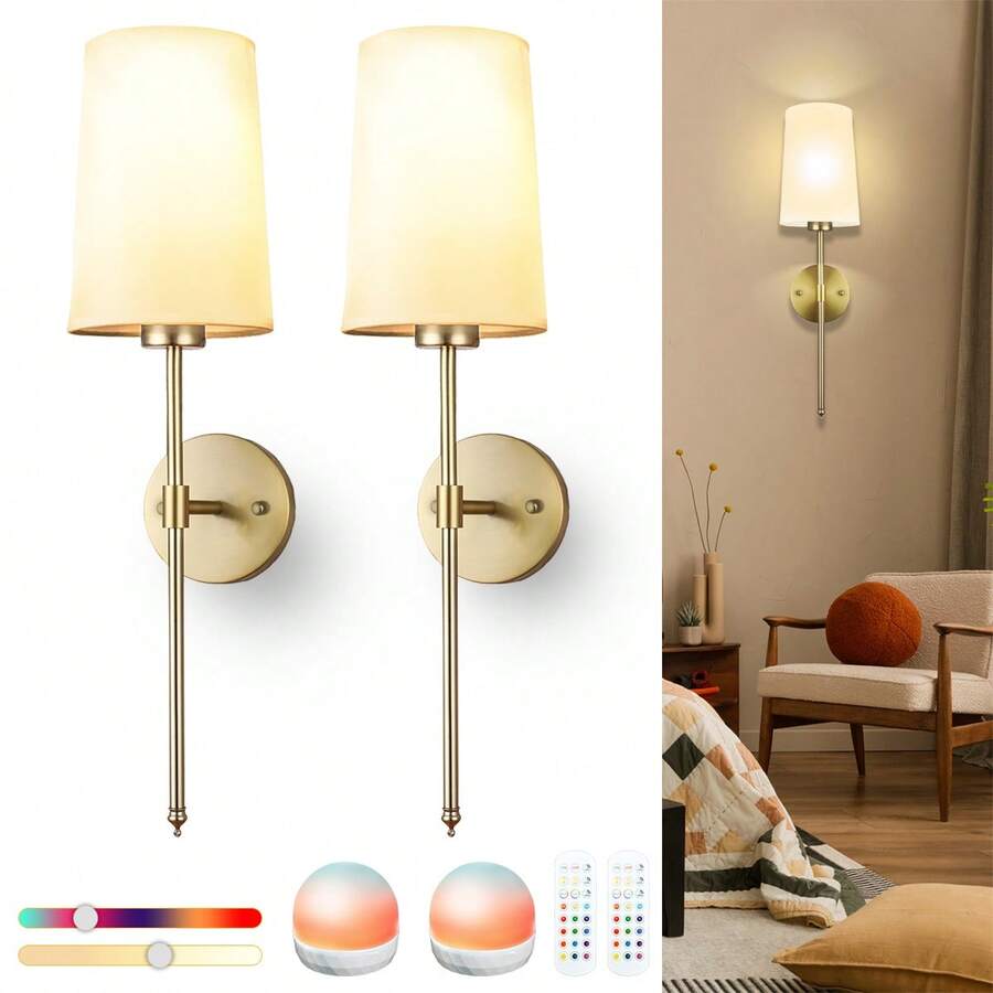 Daoteper Juego de 2 apliques de pared a batería con control remoto, pantalla de tela blanca, luces de pared con bombilla LED recargable RGB 15 regulable para dormitorio, sala de estar, pasillo - Dorado - Ver 1