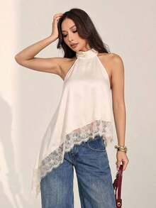 Top halter con escote trasero, bajo asimétrico y parches de encaje, sexy para el verano - Albaricoque - Ver 6