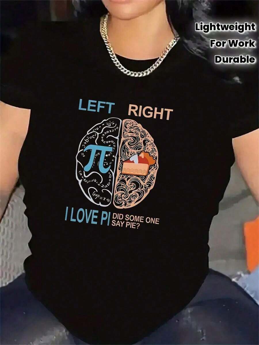 Plus-Size Women's Short-Sleeved T-Shirt Made From Lightweight And Durable Polyester Fiber, Featuring A Graphic Of A Brain With The Pi Symbol And A Fun Math Slogan. Ideal For Science Enthusiasts, Work, Or Casual Outings. Oversized Style, Loose Fit, Breathable, Lightweight, Casual, Y2K, Streetwear, Boho, Vintage, Minimalist, Rustic, Athleisure, Summer, 100% Cotton. - 黑色 - 查看 1