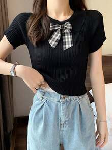 Women's Blouse Short Sleeve Knit T-Shirt With Wrist Collar And Tie Korean Style Summer Women's Cropped, Abdominal-Breasted, Elastic Ice Fiber - 黑色 - 查看 3