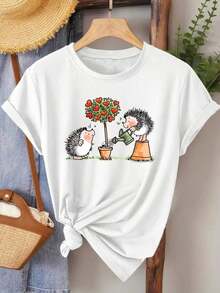 Camiseta moderna y minimalista de manga corta con un estampado gráfico estético de té, perfecta para primavera y verano, diseñada para mujeres para uso diario informal. - Blanco - Ver 7