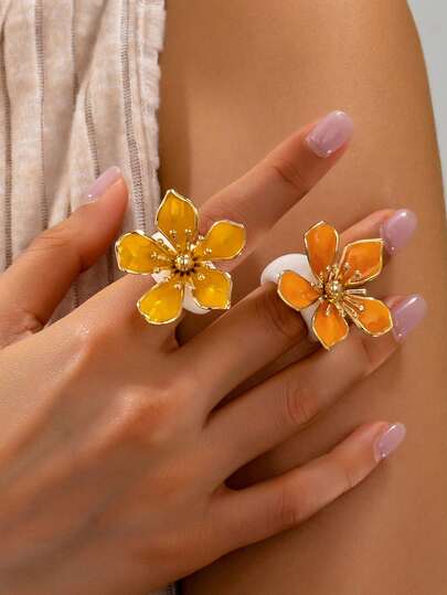 2pcs/1pc Five-Leaf Flower Design Rings, Sweet & Fashionable, Unique Personalized, Suitable For Vacation & Photo Shoot, Elegant & Luxurious