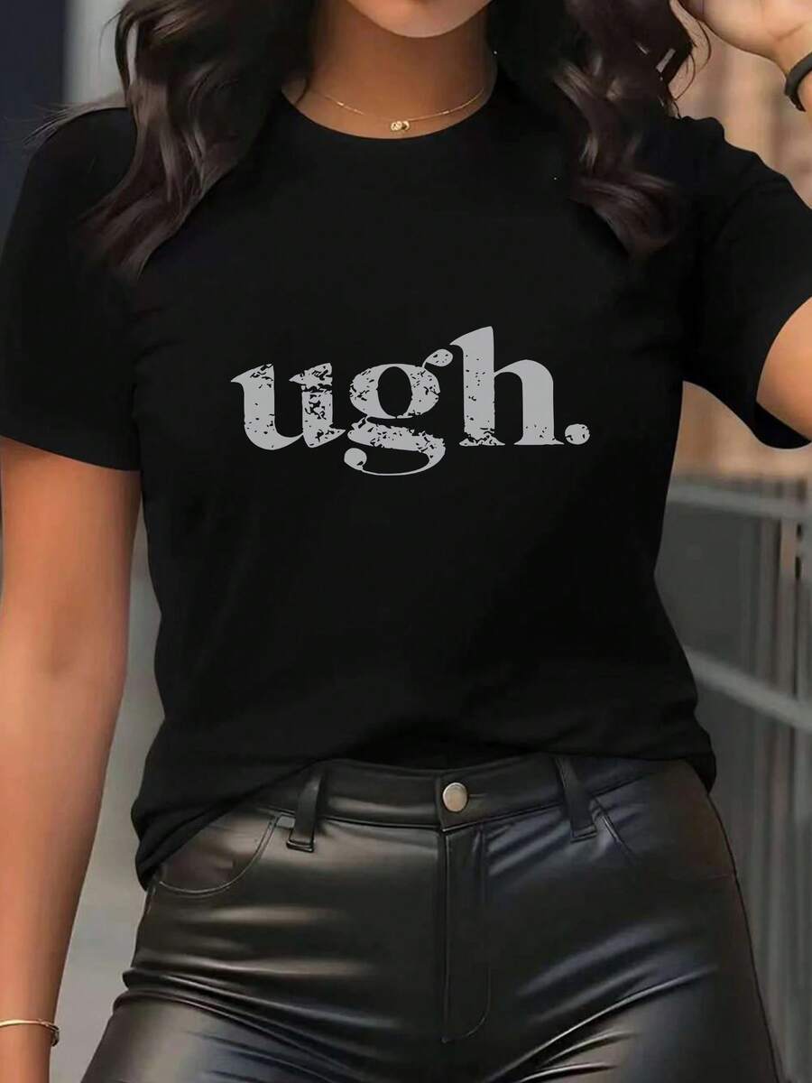 Women's Letter Print T-Shirt, Short Sleeves And Round Neck - Casual Sporty Style, Soft And Breathable, 95% Polyester Fiber, 5% Spandex, 180g, Unique And Modern, Hip-Hop Style, Simple And Versatile, Full Of Urban Style, Cool And Elegant, Short Sleeves For Autumn And Winter. - 黑色 - 查看 1