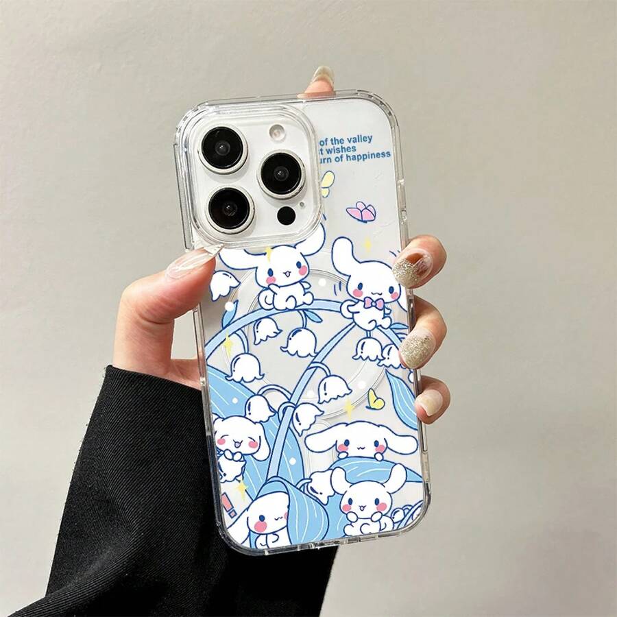 SANRIO Light Blue Lily-Of-The-Valley Floral Pattern With Lots Of Cinnamoroll Prints. Magnetic Charging Compatible TPU Case For IPhone 17/16/15/14/13/12/11 Pro Max Plus. Minimalist, Soothing, And Stylish Smartphone Accessory For Women. - 3 - View 1