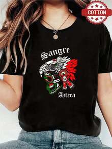 1 Piece Of Women's Blouse, Beautiful Blouses For Women, Women's Clothing Sets, High-Quality Black And White  T-Shirt With Skull And Eagle Print, Round Neck, Basic Loose Fit, Breathable, Versatile, Machine Washable, Comfortable, Size S-3XL, Essential For Daily, Casual And Sporty Summer Wear. - 黑色 - 查看 1