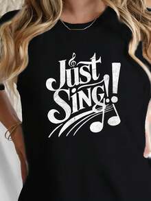 Plus Sizes - Women's Just SING! Graphic T-Shirt - Casual Black Short Sleeve T-Shirt With White Musical Notes And Fun Typography, Comfortable And Breathable Fit, Machine Washable, Music Lover T-Shirt For Casual Wear And Lounging At Home, Music T-Shirts, Loungewear, Musical Note Design, Comfortable Fit T-Shirt - 黑色 - 查看 5