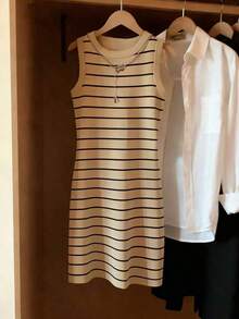 Vestido de mujer de cuello redondo ajustado sin mangas con estampado de rayas, primavera/verano - Multicolor 2 - Ver 3