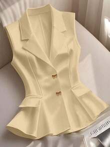 Blazer blanco ajustado de línea A con cuello en V francés, elegante, con lazo y botones sin mangas para mujer, para primavera/verano - Caqui - Ver 1