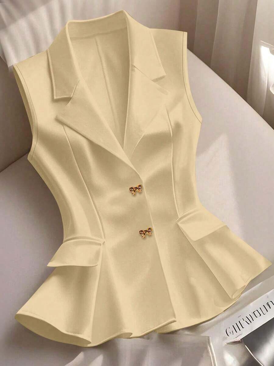 Blazer blanco ajustado de línea A con cuello en V francés, elegante, con lazo y botones sin mangas para mujer, para primavera/verano - Caqui - Ver 1