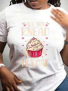 New Women's Casual Summer T-Shirt, Short Sleeve And Round Neck, Fashionable | Unisex Loose Cotton Short Sleeve T-Shirt With Round Neck, Urban Vintage Style, Cupcake Print And Pastry Theme, Cute Style, Perfect For Family And Friends. - 白色 - 查看 6