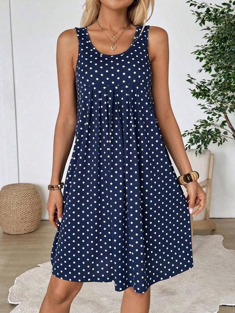 Vestido corto de verano para mujer de unicolor simple, cuello redondo, plisado y sin mangas - Multicolor - Añade 4
