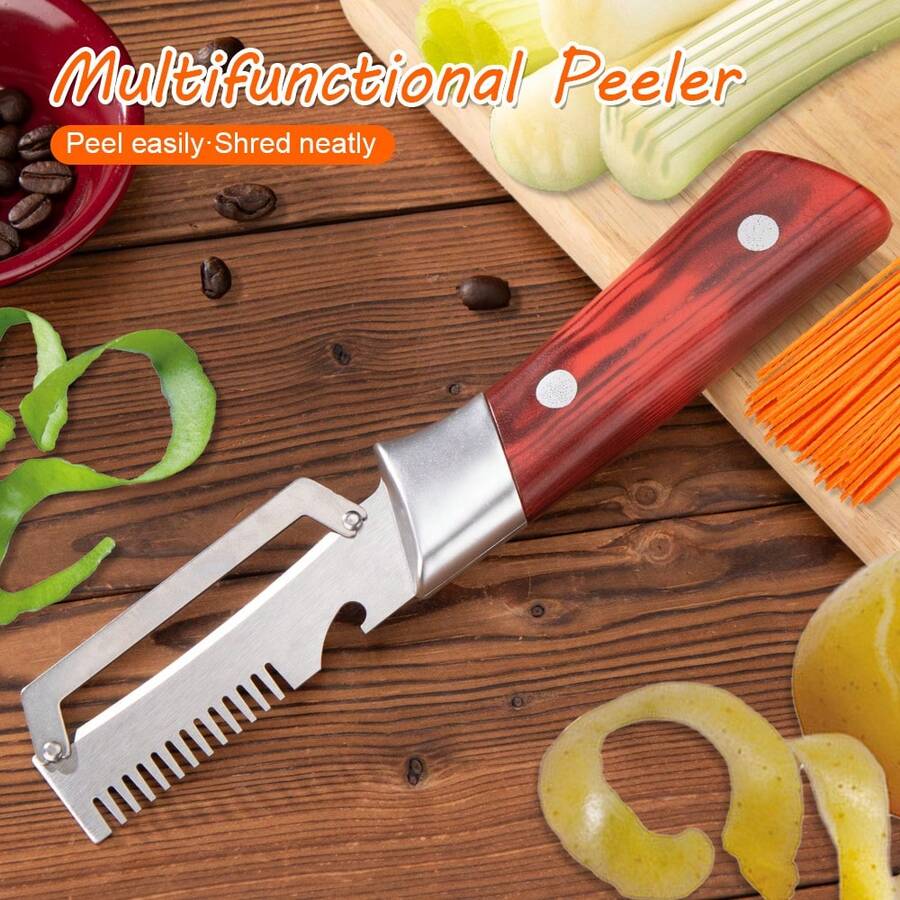 LGASISN Multi-Functional Vegetable Peeler With Bottle Opener And Wooden Handle. Stainless Steel Blade Kitchen Tool Suitable For Peeling Sugarcane, Potatoes, Fruits, Pineapples, Pumpkins, Papayas, Carrots And Other Vegetables. - Red - View 1