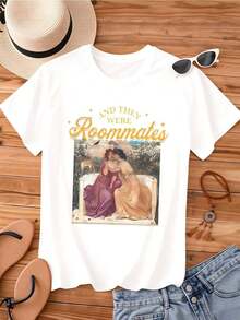 FunnyFashion Wo's Casual Loose Fit T-Shirt With Round Neck And Short Sleeves, Vintage Graphic Print "They Were Roommates", For Everyday Wear And Summer Outings - 白色 - 查看 4