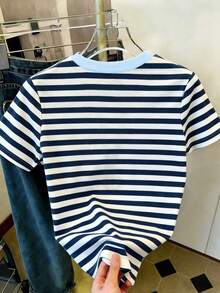 Camiseta de manga corta de cuello redondo con ribete a rayas, casual de verano para mujer - Multicolor 3 - Ver 2