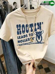 2026 New Cotton-shirtCamiseta de manga corta para mujer, adecuada para uso diario, salidas casuales, actividades rurales y fines de semana, con estampado de búho con sombrero de vaquero, texto HOOTIN' LEADS TO HOLLERIN' y diseño desgastado vintage, cuello redondo, sin bolsillos, sin cremalleras, sin botones, fabricada en poliéster, estilo casual vaquero y retro, para primavera y verano. Envío nacional.Lightweight Cotton - Albaricoque - Ver 7