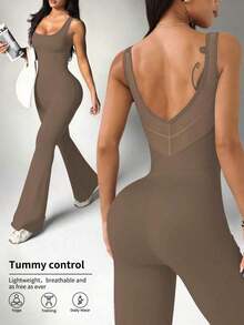 Mono de mujer negro de ropa deportiva, diseño de cintura alta, cuello en U y espalda en U, adecuado para uso diario casual, gimnasio, yoga, correr, primavera/verano - Caqui - Ver 1