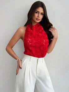 negra ajustada de estilo casual y elegante para la temporada de primavera/verano, con cuello asimétrico, sin mangas, escote halter, espalda descubierta y decoración de lazo - Burdeos - Ver 4