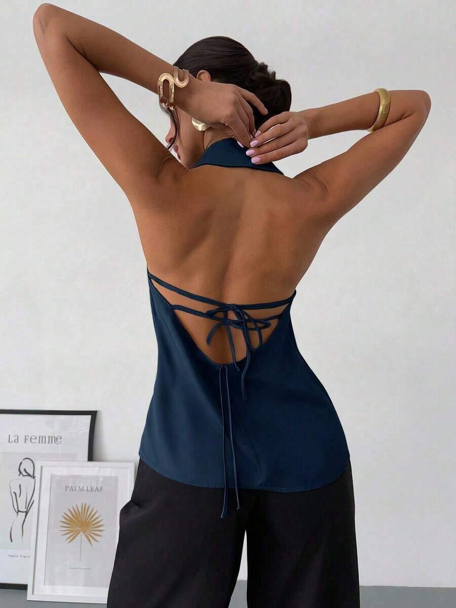 negra ajustada de estilo casual y elegante para la temporada de primavera/verano, con cuello asimétrico, sin mangas, escote halter, espalda descubierta y decoración de lazo - Azul - Ver 1