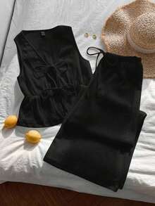 Conjunto de 2 piezas casual para mujer con top de cuello en V y pantalones en punto liso negro - Negro - Ver 1