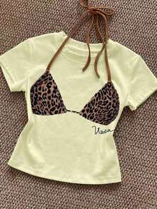 Camiseta de manga corta de cuello redondo ajustada con estampado de leopardo - Amarillo - Ver 3