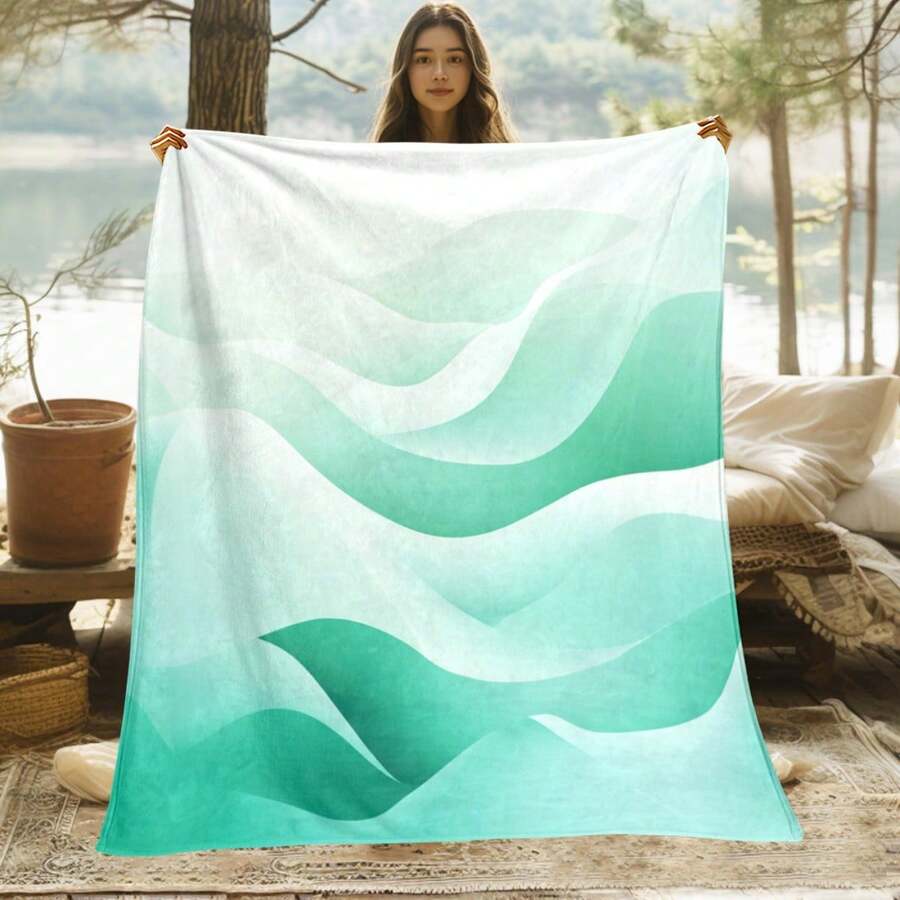 1 manta verde con patrón de textura ondulada - Manta ligera de franela para sofá, cama, viajes, sala de estar, oficina, sillón y cama - Manta de forro polar con impresión digital y tela de poliéster suave y cálida, uso en todas las estaciones, lavable a máquina, regalo perfecto para familiares o amigos, comodidad para viajes.|Diseño de Textura Ondulada|Manta Lavable a Máquina - frazada - Ver 1