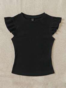 Set de 2 tops de camiseta de cuello redondo ajustados de tela acanalada en negro y rojo rosa, apropiados para verano con mangas con volantes, adecuados para salir - Multicolor 8 - Ver 9