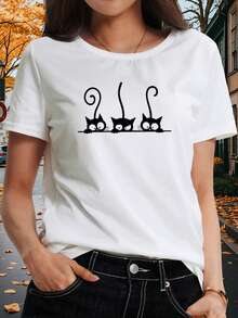 Camiseta de Mujer con Estampado de Tres Gatos - Color Sólido, Estampado Bonito, Cuello Redondo, Manga Corta Sencilla, Camiseta para Amantes de Mascotas, Camiseta Básica Casual de Verano, Corte Holgado a la Moda, Cómoda de Usar, Elasticidad Media, Lavable a Máquina. - Blanco - Ver 1