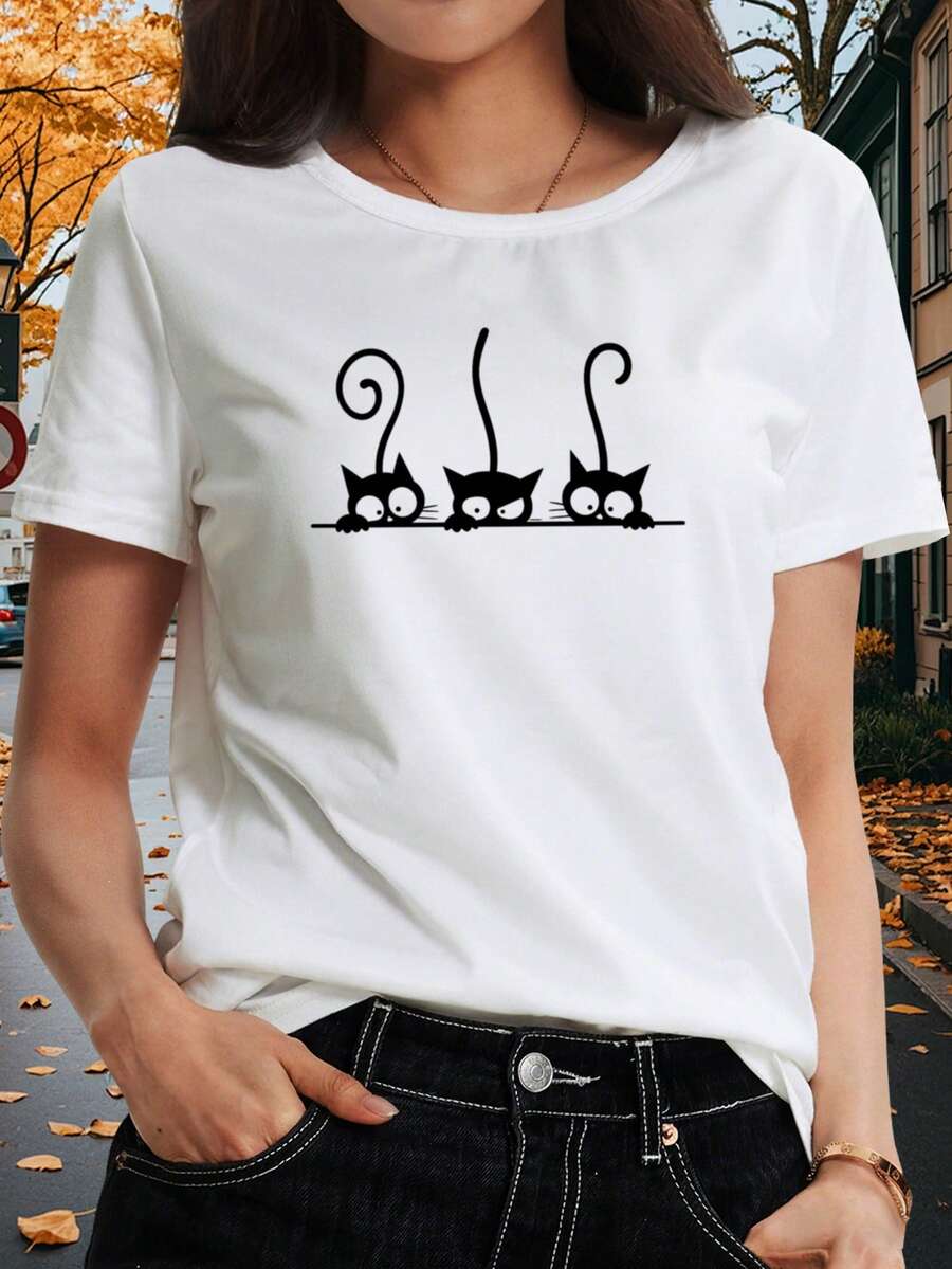 Camiseta de Mujer con Estampado de Tres Gatos - Color Sólido, Estampado Bonito, Cuello Redondo, Manga Corta Sencilla, Camiseta para Amantes de Mascotas, Camiseta Básica Casual de Verano, Corte Holgado a la Moda, Cómoda de Usar, Elasticidad Media, Lavable a Máquina. - Blanco - Ver 1