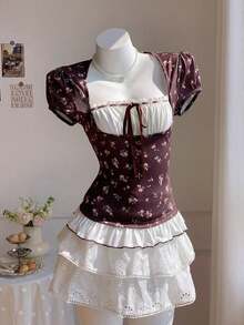 Blusa de verano elegante con volantes en el bajo, estampado de flores diminutas y parches - Multicolor 2 - Ver 6