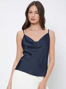 Top de satén sin mangas para mujer, elegante y romántica de unicolor, para uso casual y de negocios, adecuada para oficina, diario, otoño - Azul marino - Ver 3