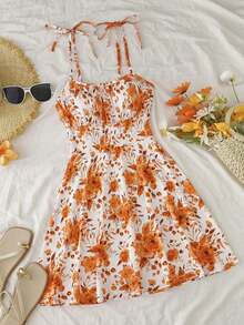 Vestido midi con estampado floral y tirantes anudados en los hombros, vestido bohemio sin espalda con nudo, busto fruncido sin mangas con tirantes finos, ajuste regular, vestido corto con estampado floral pequeño, para primavera/verano, uso diario - Naranja - Ver 5