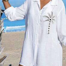 Swim Vcay Women's White Coconut Tree Button Casual Vacation Beach Kimono Cover Up - Celeste - Ver 5