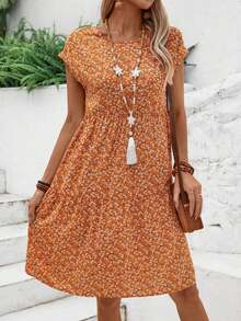 Vestido midi azul de manga corta y manga murciélago con estampado floral para mujer, vestidos de verano para mujeres - Naranja - Ver 6