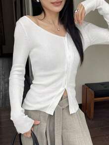 Blusa casual de mujer de punto acanalado con botones y manga corta - Blanco - Ver 9