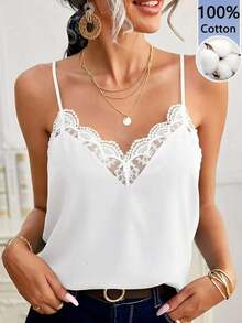 Frenchy Camiseta suelta de encaje con contraste para mujer - Blanco - Ver 1