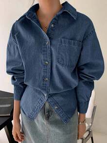 Camisa vaquera de lavado claro con cuello, bolsillos, ajuste holgado de manga larga, para primavera/verano/otoño - Azul lavado medio - Ver 4