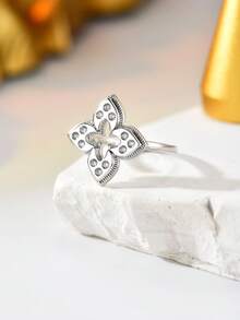 1 pieza Anillo abierto ajustable con flor de cuatro hojas hueca incrustada con piedra de circonita de cobre, estilo minimalista de moda, accesorio versátil para uso diario, regalo de vacaciones para mujeres - Multicolor - Ver 8