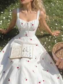 Vestido de longitud media con cintura fruncida y bordado floral para mujer - Rojo y blanco - Ver 10