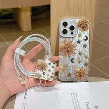 6合1套組：羽毛貝殼與星球圖案手機殼 + 充電頭保護套 + 線材保護套 + 收納繩 + 數據線收納繩，TPU 防震保護殼，相容 iPhone 6-16 Pro Max，適合作為生日與聖誕禮物送給情侶、女兒、女朋友、青少年 - 彩色 - 查看 3