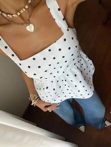 Camiseta sin mangas con volantes y estampado de lunares para vacaciones - Blanco - Ver 5