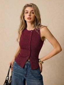 Camiseta sin mangas casual de cuello redondo y de un solo abotonadura para mujer - Burdeos - Ver 3