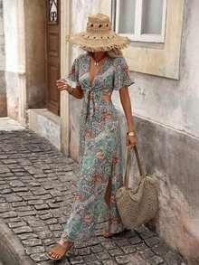 Vestido largo de mujer estilo boho con estampado retro de paisley, vestido con cuello en V, mangas cortas con volantes, con recorte en la cintura, nudo delantero y abertura lateral, perfecto para vacaciones en la playa - Verde - Ver 3