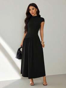 Vestido casual largo plisado de manga abullonada y cuello alto en unicolor para mujer, de verano - Negro - Ver 8