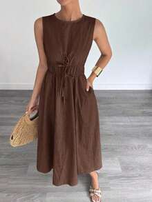 Vestido sin mangas de línea A de algodón y lino para mujer, primavera/verano - Marrón - Ver 3