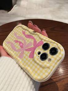 Bow-Knot 1件装创意黄色格子蝴蝶结波浪形屏幕边缘保护手机壳，兼容苹果7/8/X/XR/XSMAX/11/12/13/14/15/16/17 Pro Max、A14/A15/A16/A17/A04/A05/A06/A07/A54/A55/A56/A57/A34/A35A/36/A37/S26/S26Plus/S26Ultra、Transsion SMART7/8/9/10 - 白色 - 查看 3