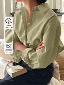 Camisa holgada de mujer de unicolor, de manga larga y de abotonadura sencilla - Verde - Ver 1