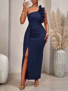 AIJ Vestido elegante de corte asimétrico con hombro descubierto, diseño fruncido y volantes, sin mangas, para mujer, unicolor, para fiestas, citas, fiestas de solteros, cenas formales o eventos de gala en otoño e invierno 2024 - Azul marino - Ver 8